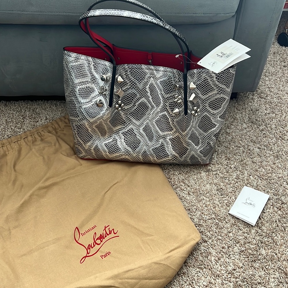 CHRISTIAN LOUBOUTIN; Python Embossed Calfskin Spiked Small Cabarock Tote -Silver